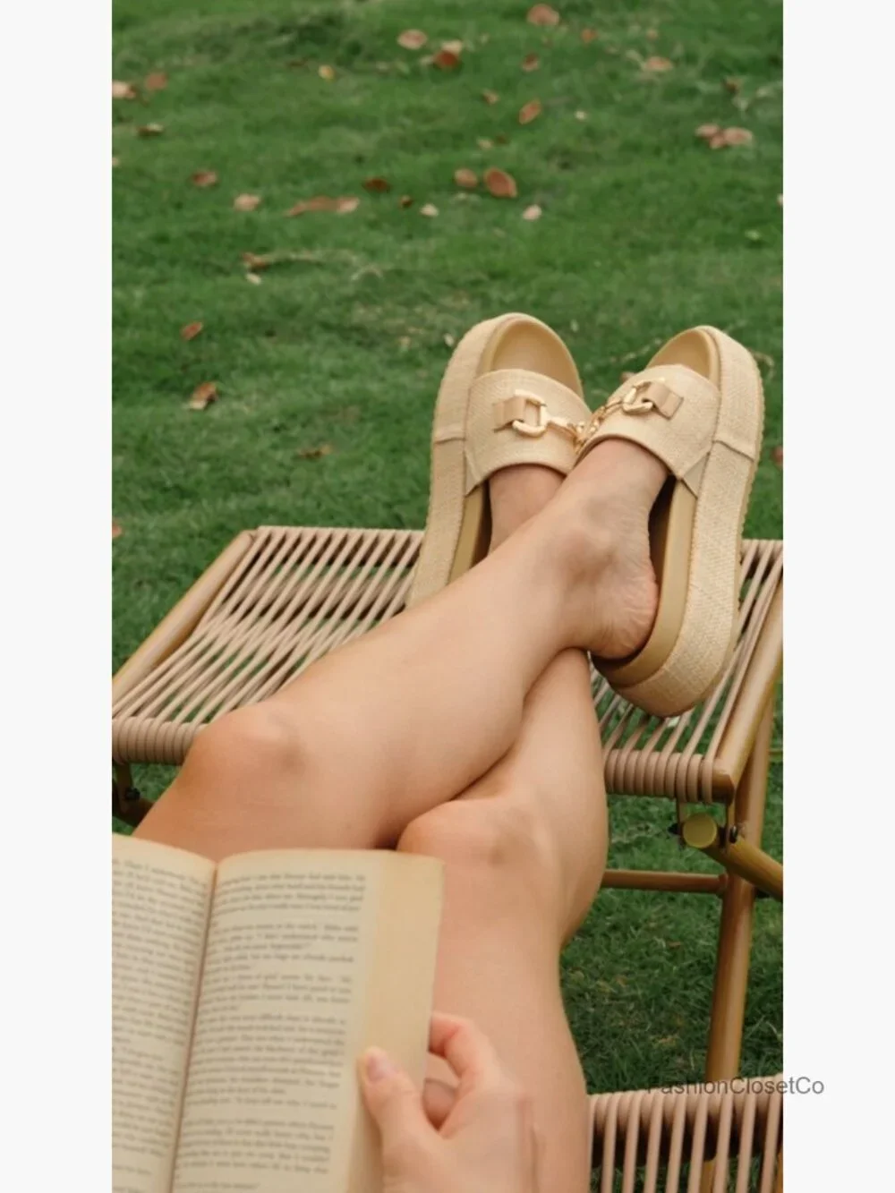Raffia Espadrilles Platform Sandals with Metal Chain - Slip On Open Toe Summer